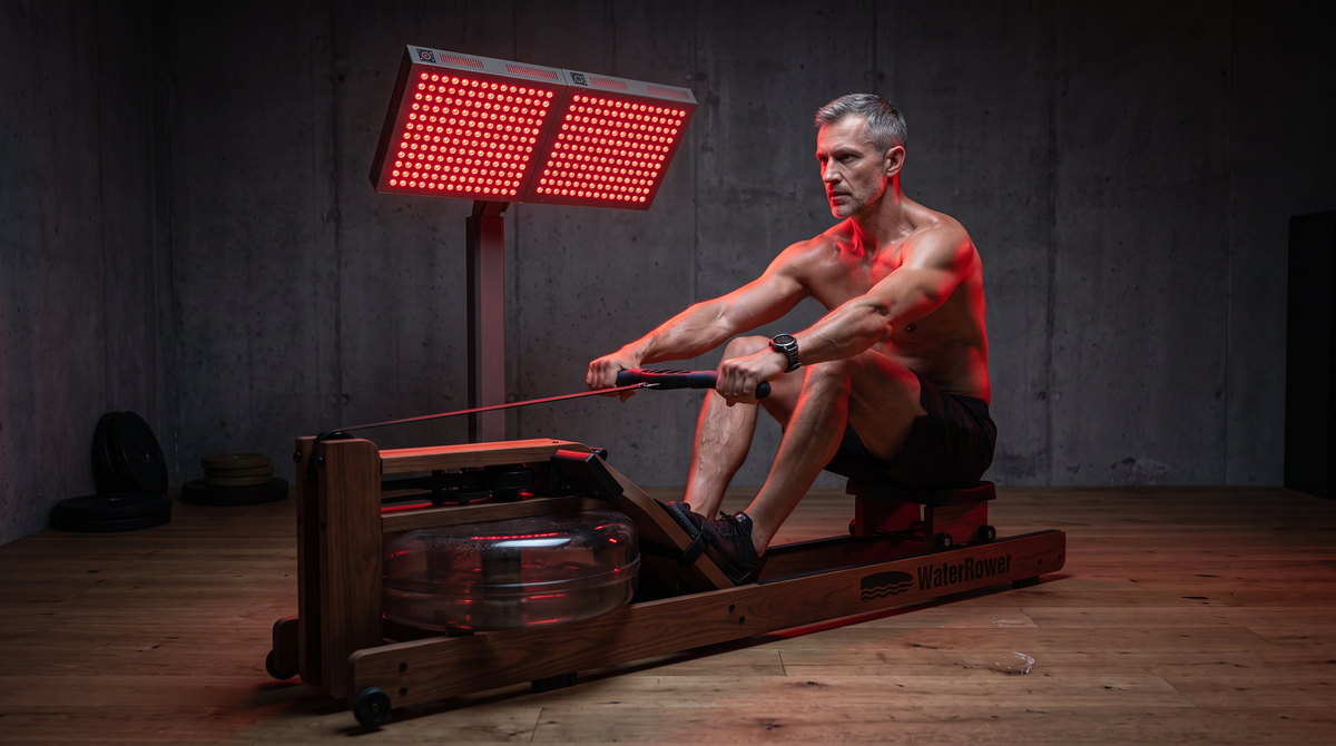 VO2 max și longevitate: bărbat de peste 50 de ani care vâslește pe aparatul de canotaj sub un panou red light therapy, antrenament pentru creșterea VO2 max