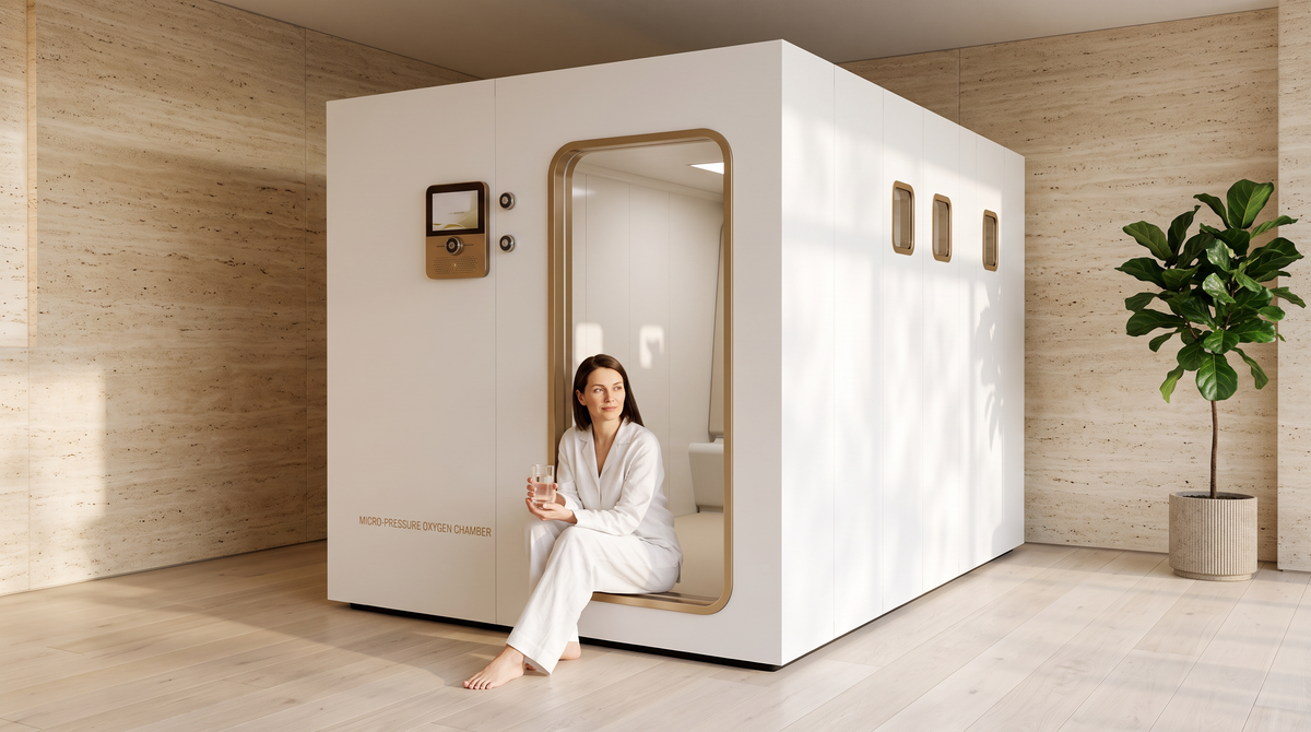 Oxigen hiperbar: femeie în halat alb care se relaxează la intrarea într-o cameră hiperbară modernă