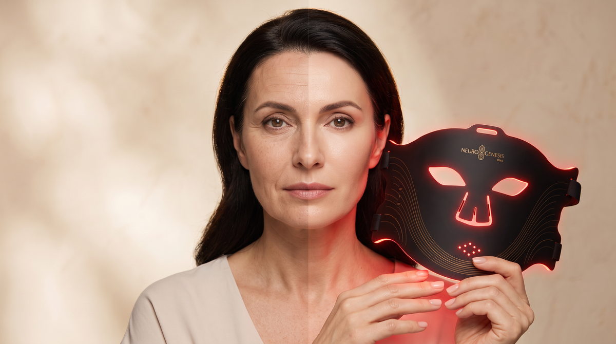 Red light therapy pentru riduri: femeie care ține o mască LED, imagine ilustrativă