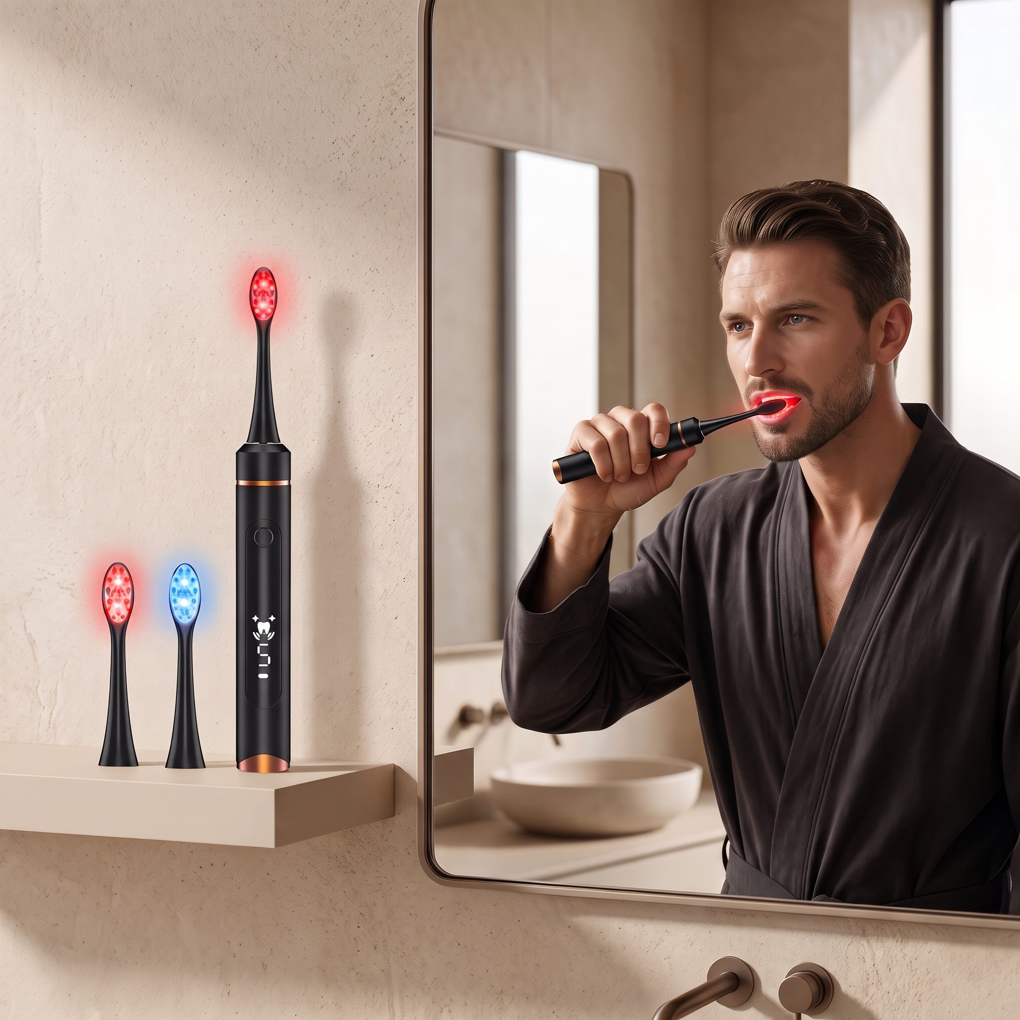 Periuță de Dinți Sonică cu Red Light & Blue Light Therapy – 31.000 Vibrații/min | 2 Capete LED